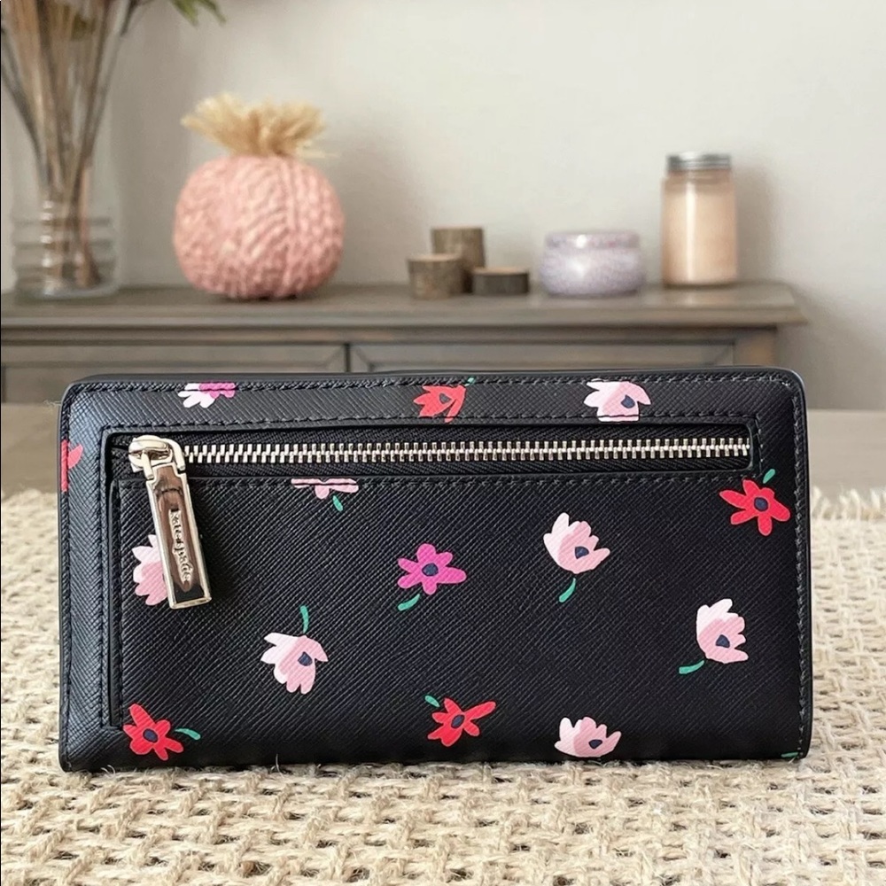 Kate Spade Staci Ditsy Buds Large Slim Bifold Wallet Black Multi Floral - Picture 2 of 5